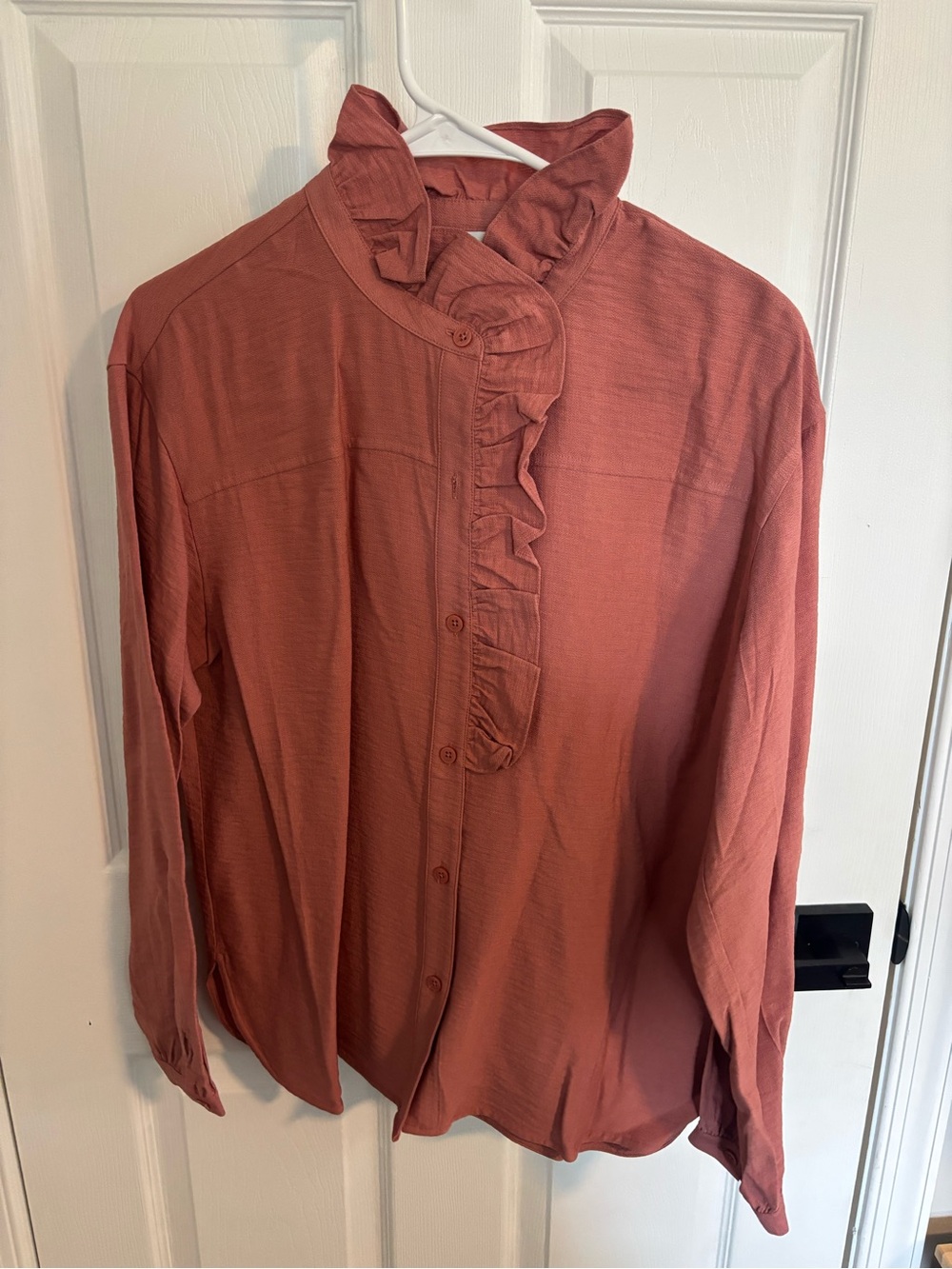 Darling Rust Ruffle-Front Long Sleeve Shirt - Picture 2 of 4